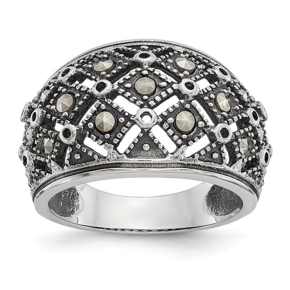 White Stainless Steel Ring Band Fashion Marcasite Polished and Antiqued