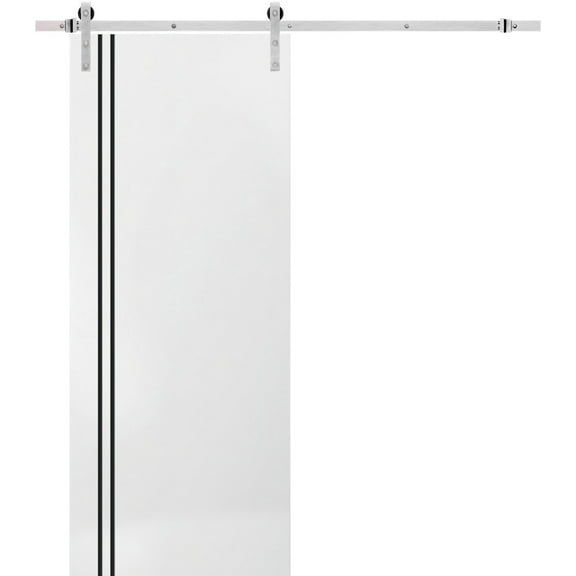 Sturdy Barn Door 18 x 80 inches | Planum 0016 White Silk with Frosted Glass | Stainless Steel 6.6FT Rail Hangers Heavy Set | Solid Panel Interior Doors