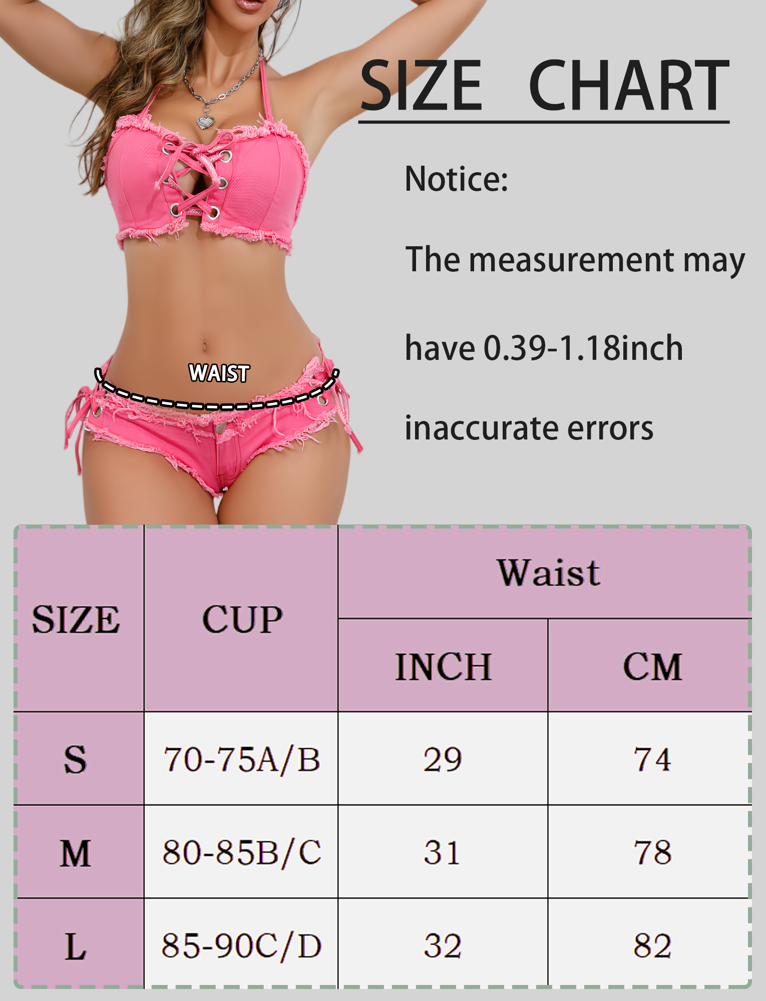 Ausing Womens Bikini Denim Lingerie Set Strappy Bra and Hot Shorts Adjustable Halter Neck Pool Party Nightclub Fuchsia S