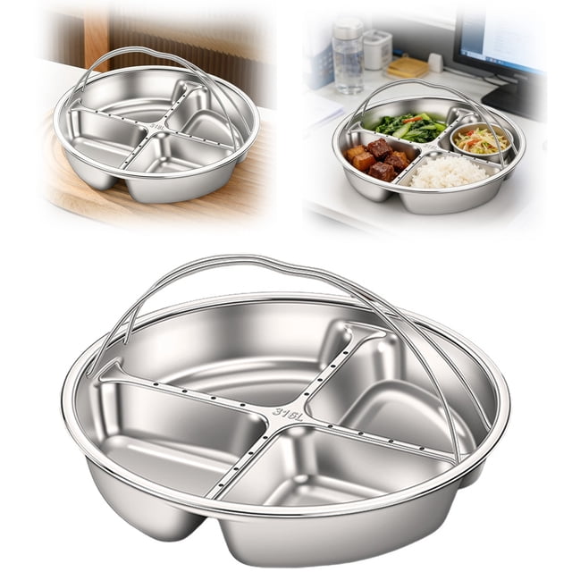 Plateau de Service Divisé en Acier Inoxydable, Assiette Sectionnelle pour Collations avec Poignée, Plateau Vapeur à Compartiments Multiples, Plat de Service pour Fêtes à la Maison, Rassemblements, Camping, Pique-Niques, B