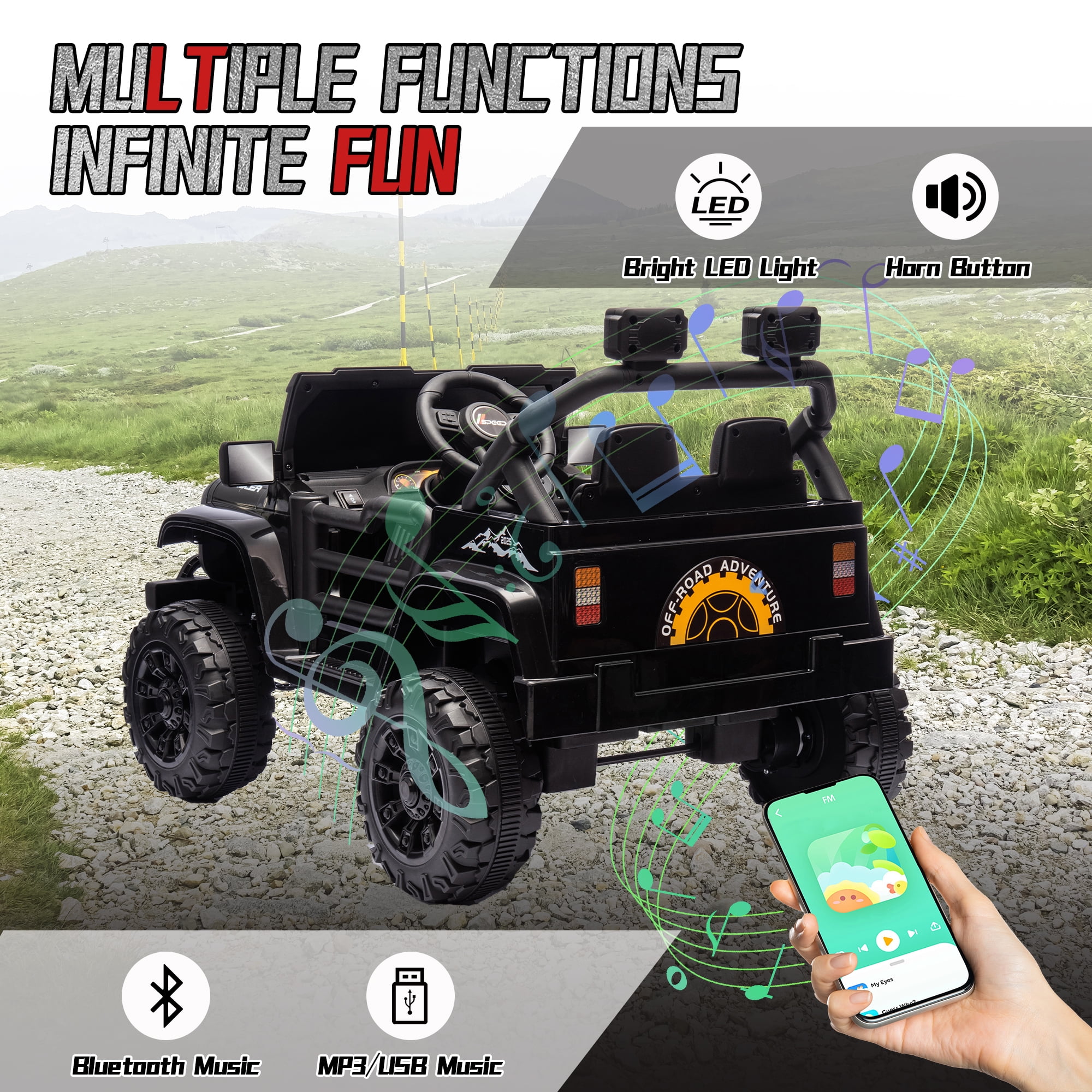 Xuanlur 12V Kids Ride on Car with Remote Control, Ride on Toys w/ Dual Drive, Four-Wheel Suspension, Bluetooth Music, LED Lights, USB, Shock Absorption, Toys Car for Kids Aged, Black