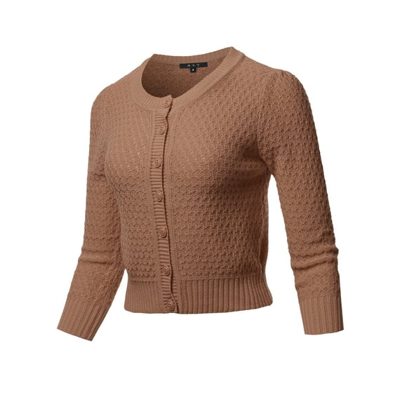A2Y Women's Solid Cropped 3/4 Sleeve Button Down Crew Neck Knit Cardigan Sweater Camel 1XL