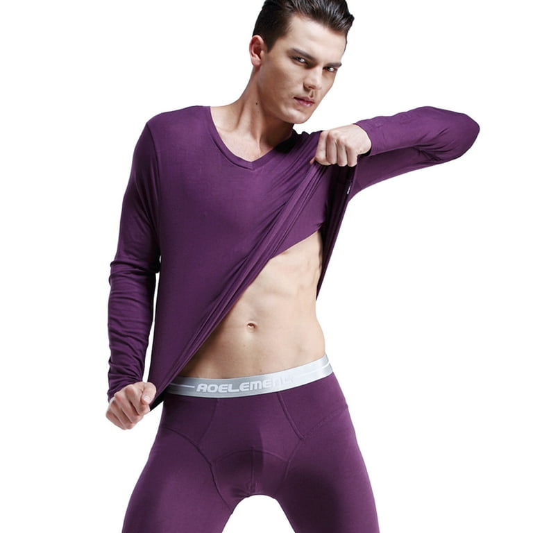 Men s V neck Tight Seamless Base Solid Color Suit Long Johns Yutnsbel