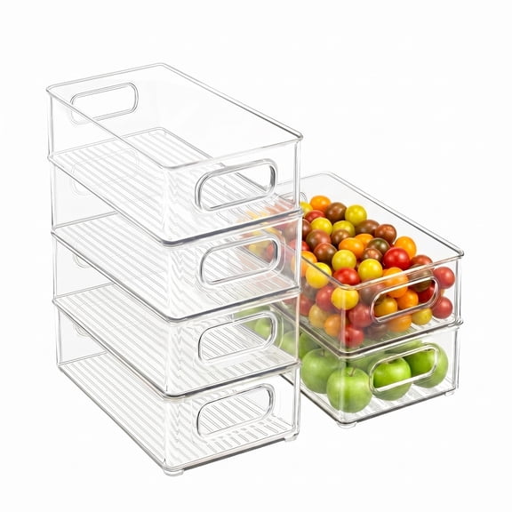 Clear Plastic Storage Bins with Handles, Stackable Pantry Organizers and Storage for Kitchen Cabinets, Fridge, Freezer, Shelves, Drawers, Fruit, Snacks and Household Items