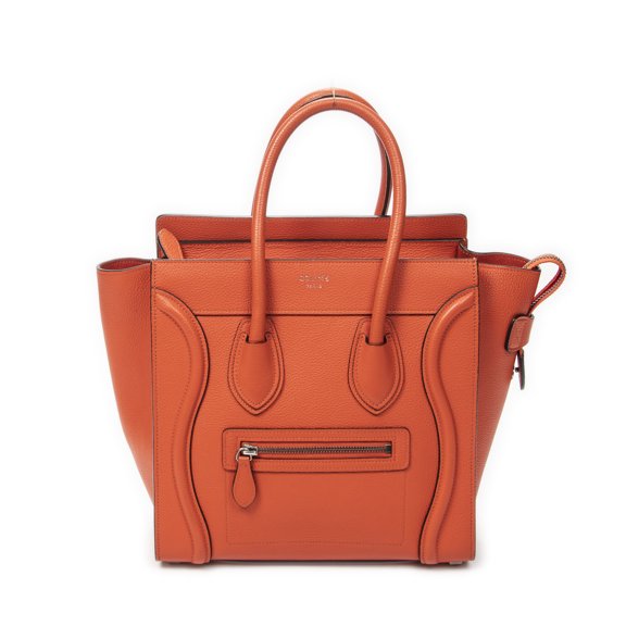 Pre-Owned Celine Orange Micro Luggage Handbag Grained Calfskin Leather