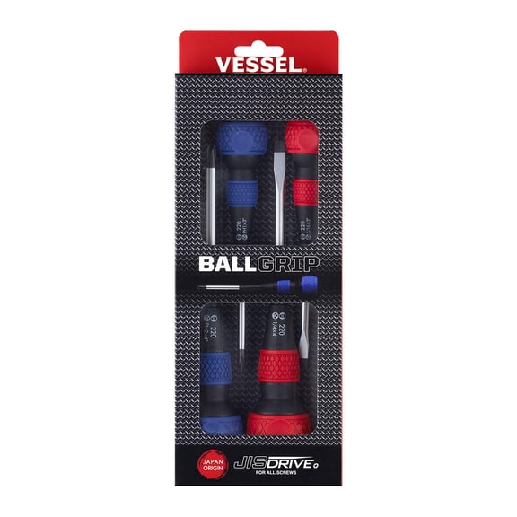 Vessel 2204PBU Ball Grip Screwdriver Set, 4-Piece JIS Precision Set with Magnetic Tips, Chrome-Plated Blades & Ergonomic Comfort Grip