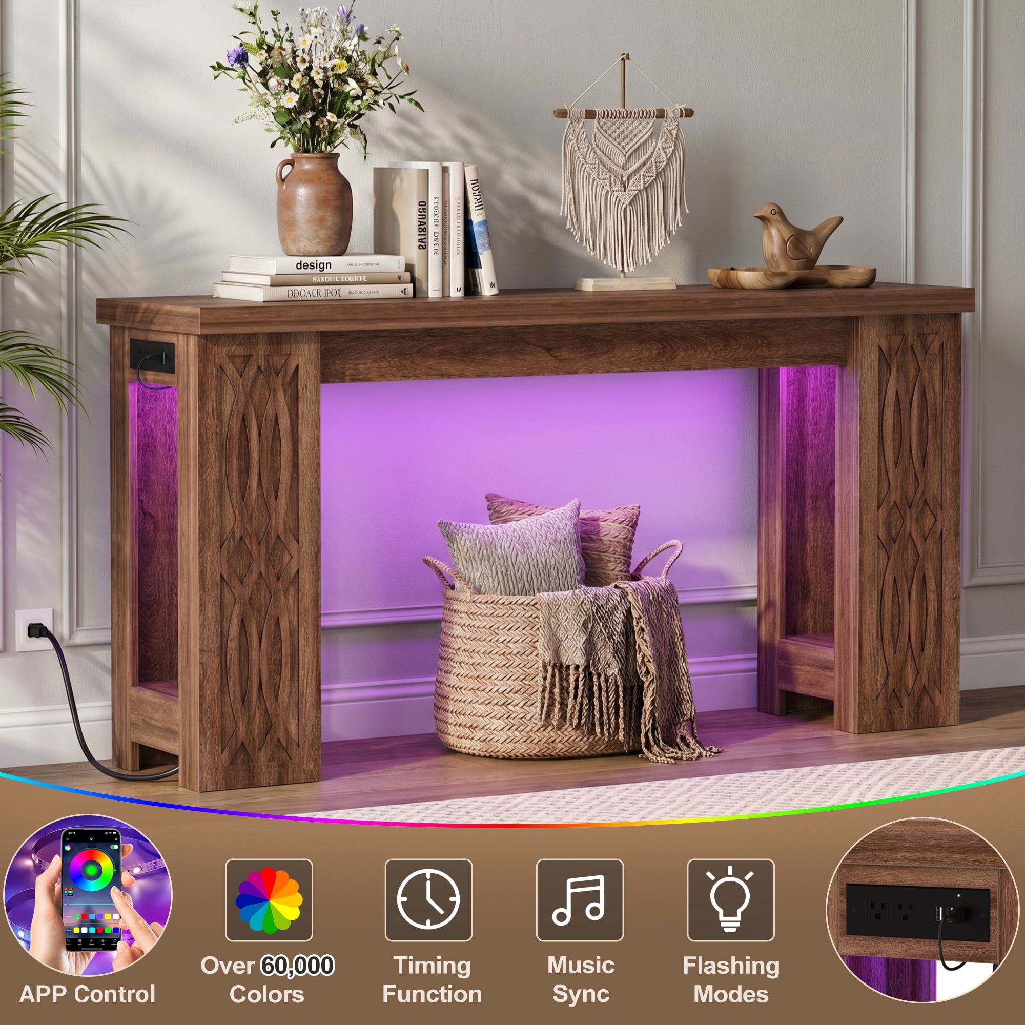Homieasy 63'' Farmhouse Console Table with Charging Station and LED Lights for Hallway, Entryway, Living Room, Cracked Oak