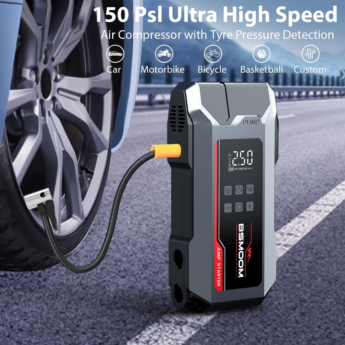 BSMOOM 8000A Car Battery Jump Starter with Air Compressor/Tire Inflator 150PSI, 9-in-1 Portable Jump Starter Power Pack for ALL Gas/10L Diesel, 12V Jumper Box with Air Pump, USB Ports, LCD, LED Light