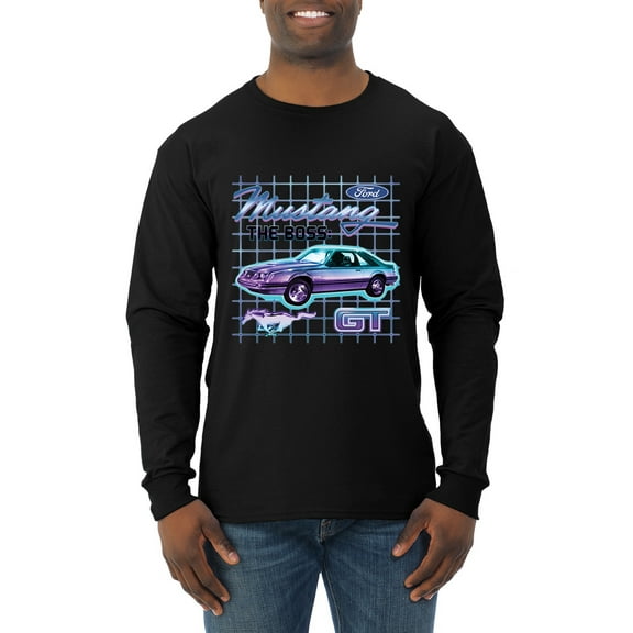 Ford Mustang GT The Boss Retro Neon Vintage | Mens Cars and Trucks Long Sleeve T-Shirt, Black, Small