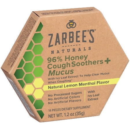 Zarbee's Naturals 96% Honey Cough Soothers + Mucus with Ivy Leaf Extract, Natural Lemon Menthol Flavor , 14 (Best Honey Brand For Cough)