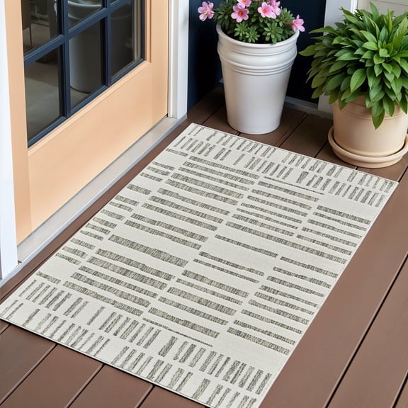 3' X 5' Cream and Beige Abstract Distressed Indoor Outdoor Area Rug