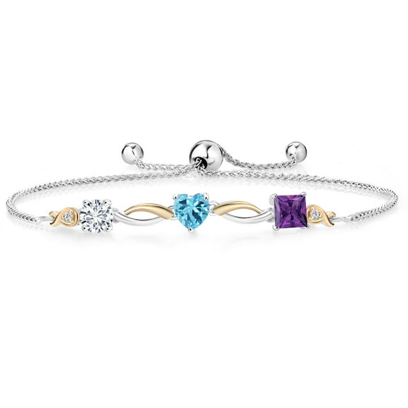 Gem Stone King 925 Silver and 10K Yellow Gold Swiss Blue Topaz Purple Amethyst and Lab Grown Diamond Tennis Bracelet for Women By Keren Hanan (2.10 cttw, Adjustable up To 9 inch)