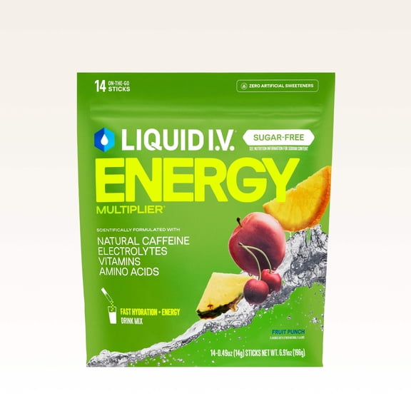 Liquid I.V.® Fruit Punch Sugar-Free Hydration Multiplier® Energy Powdered Electrolyte Drink Mix, 14 Count Packets