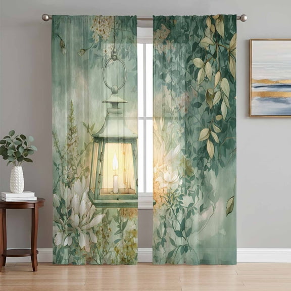 Vintage Oil Light Sheer Curtains 84 Inch Length 2 Panels Set Window Treatments, Spring Green Leaves Retro Candles Rod Pocket Semi Curtains for Living Room/Bedroom/Kitchen Décor, 104"W x 84"L