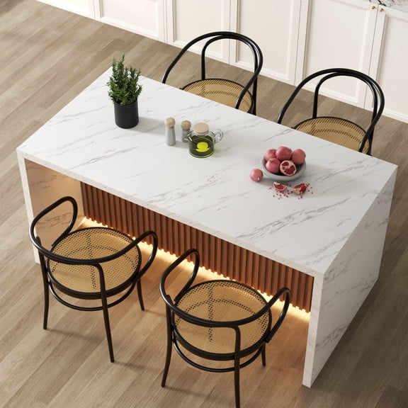 71" Imitation Marble Dining Table for 4-6 People, Modern LED Kitchen Island Table with Marble Stripes & Grille Design, Dining Furniture for Home Dining Room Living Room White