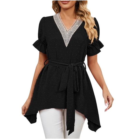IROINNID Women's Jacquard Solid Color Comfortable Loose Ruffle Sleeve Casual V-Neck Bandage Tops