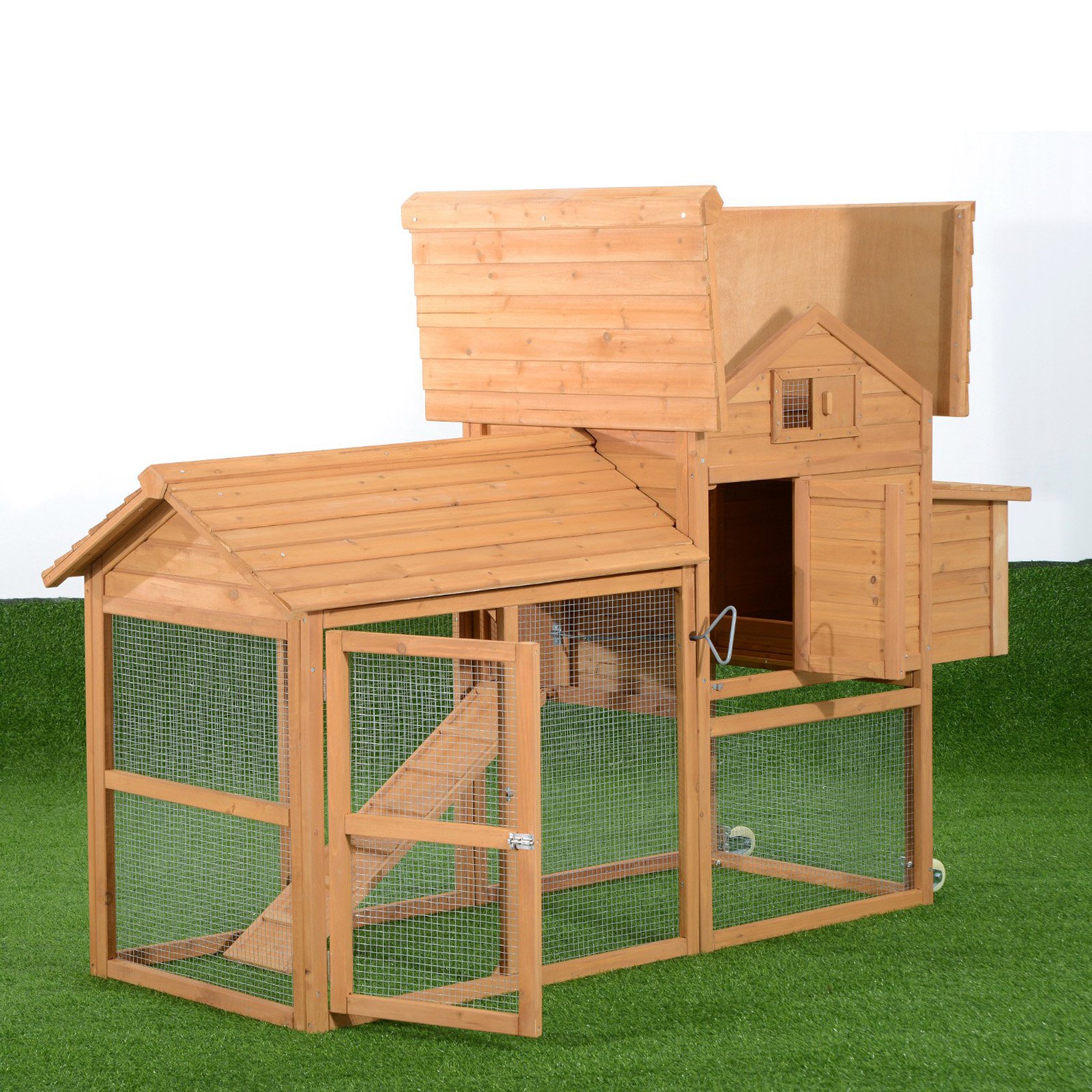 Pawhut Deluxe Portable Backyard Chicken Coop With Fenced Run And Wheels