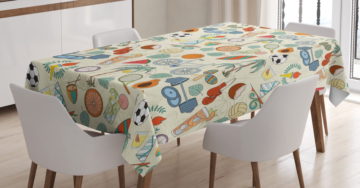 Sport Tablecloth, Sports Themed Abstract Cartoon Style Icons Bike Balls