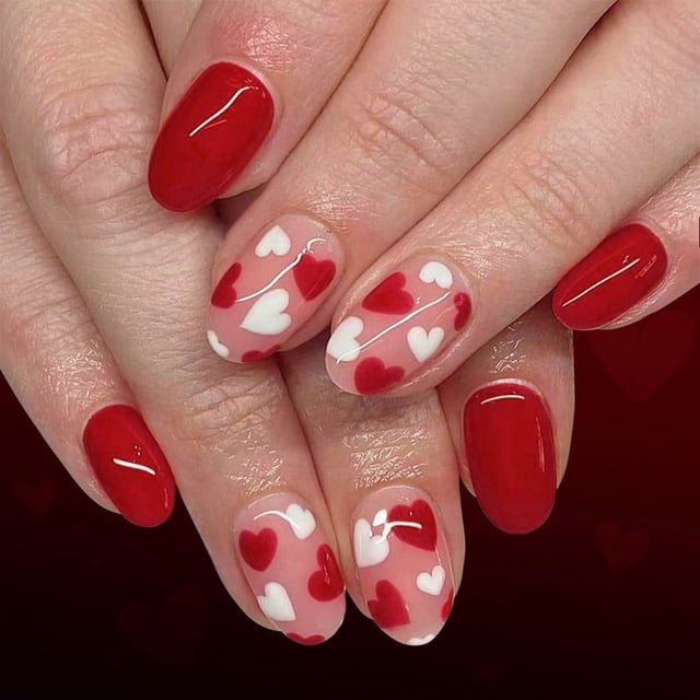 24 Pcs Ongles Autocollants en Forme de Cœur Saint-Valentin Faux Ongles Blancs French Tip Design d'Ongles Motif Cœur Rouge Couverture Complète Ongles Autocollants Réutilisables Ongle de Doigt Artificiel pour Femmes Saint-Valentin Bricolage Manucure Décoration