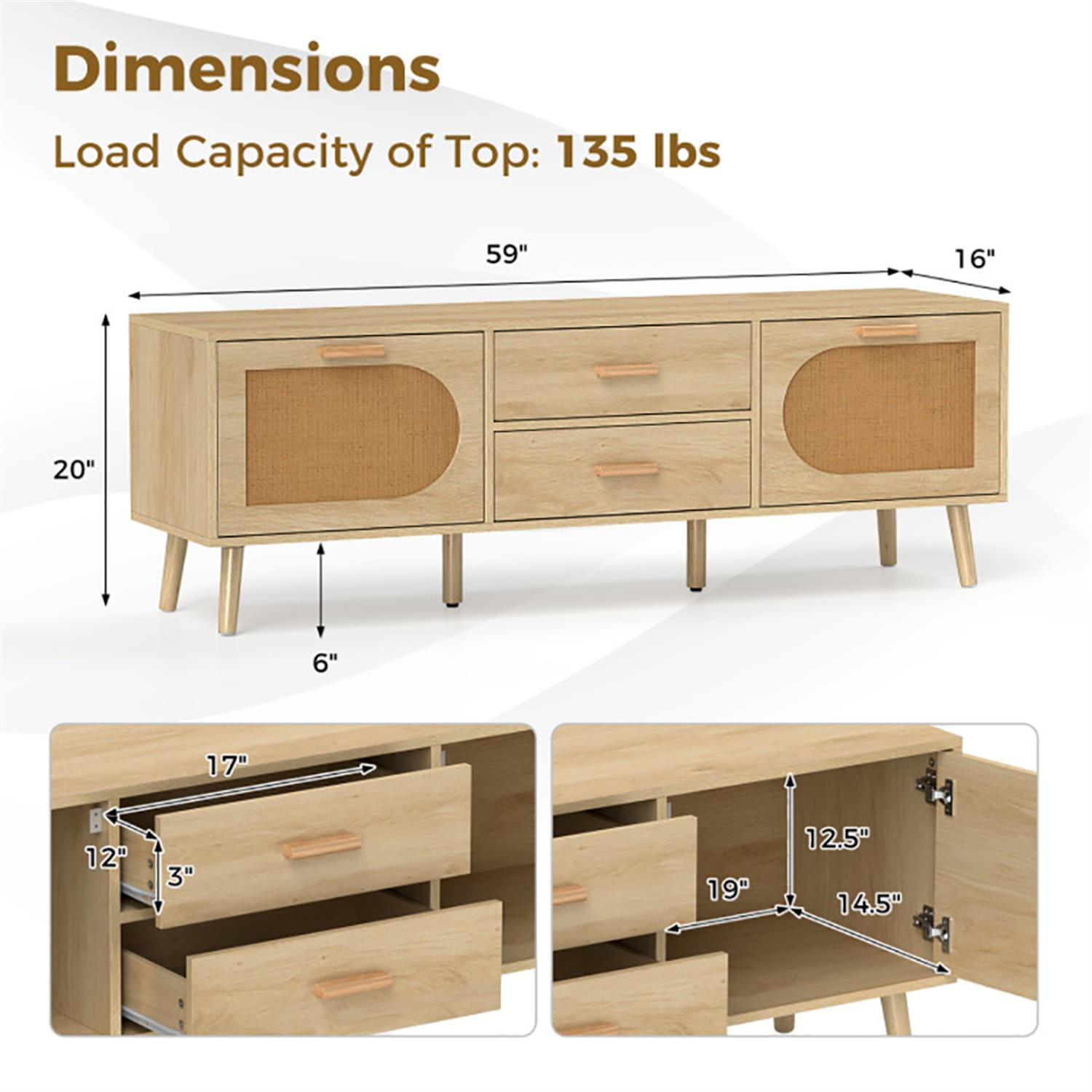 Demi Bonn Rattan TV Stand for 65" TVs, Entertainment Center with Drawers and Solid Wood Legs, Modern Media TV Console Table for Living Room Bedroom, Beige