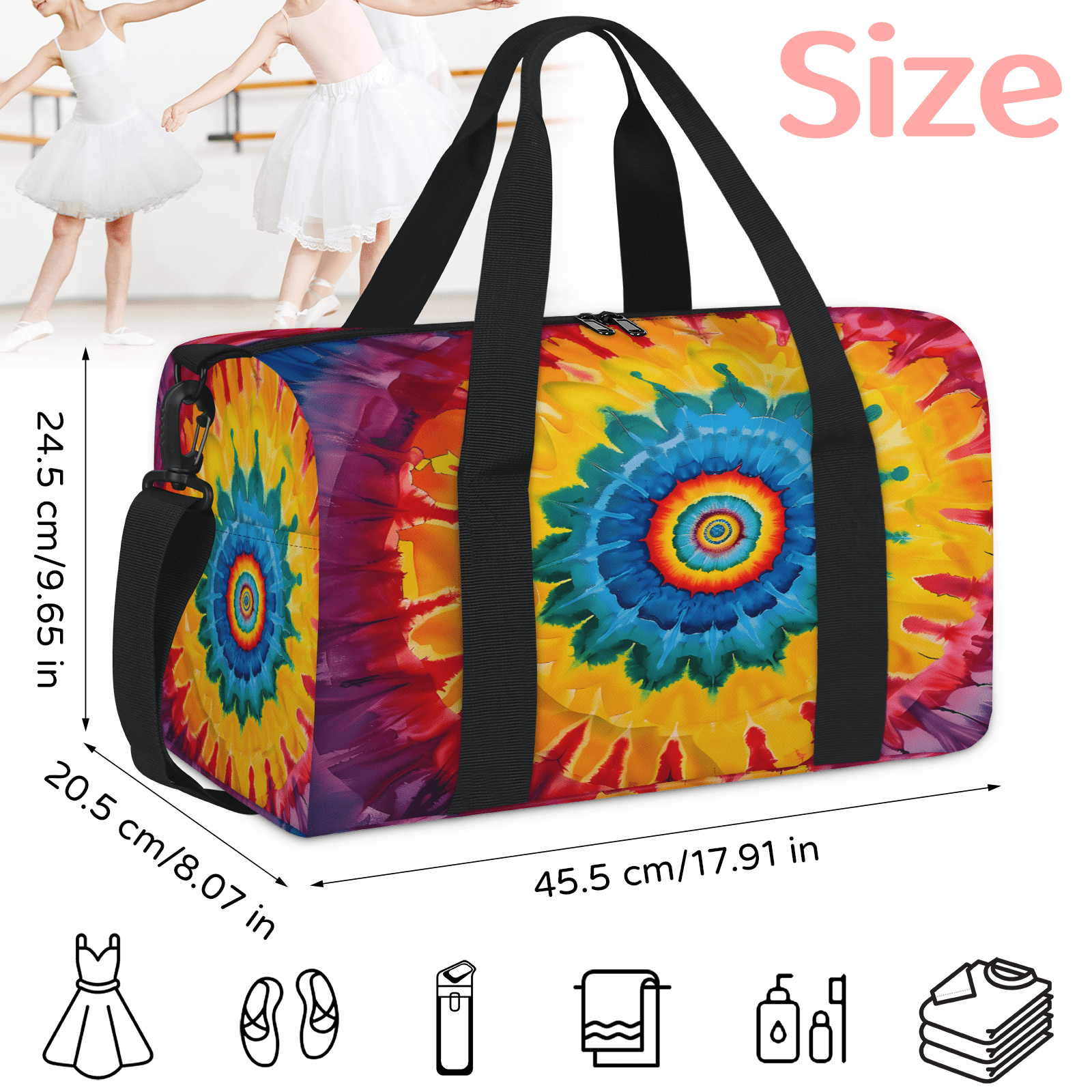 Herdesigns Bohemian Tie Dye Travel Duffle Bag Sports Yoga Weekender Overnight Carry on Workout Bags Lightweight Waterproof Gym Tote Bag for Women