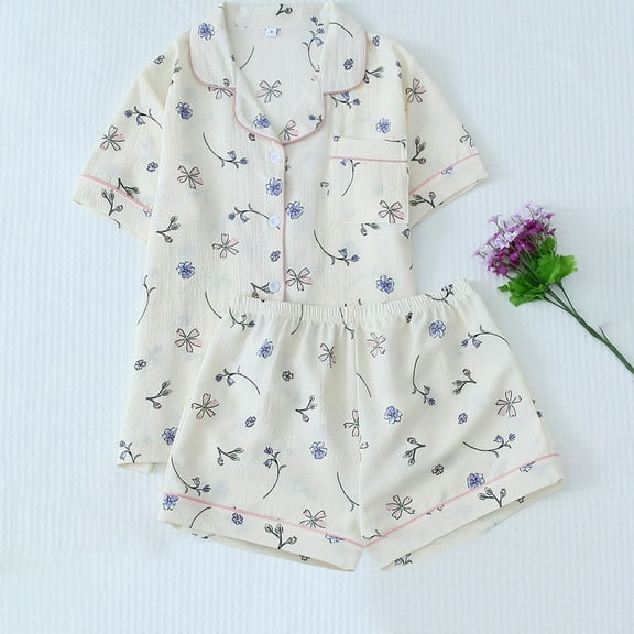 absuyy Women's Blue Floral Pajama Set - Short Sleeve with Notched Collar, Elastic Waist Shorts, Size L, Cute Sleepwear for Home & Gifting