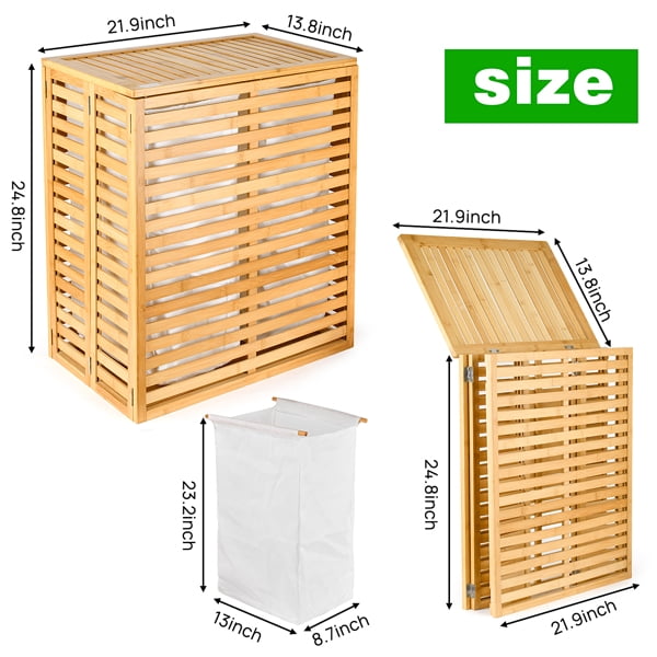 Bamboo Laundry Hamper with Lid – Foldable Clothes Basket with 2-Section Removable Liner Bag, Space-Saving Laundry Sorter for Bathroom, Bedroom, and Laundry Room