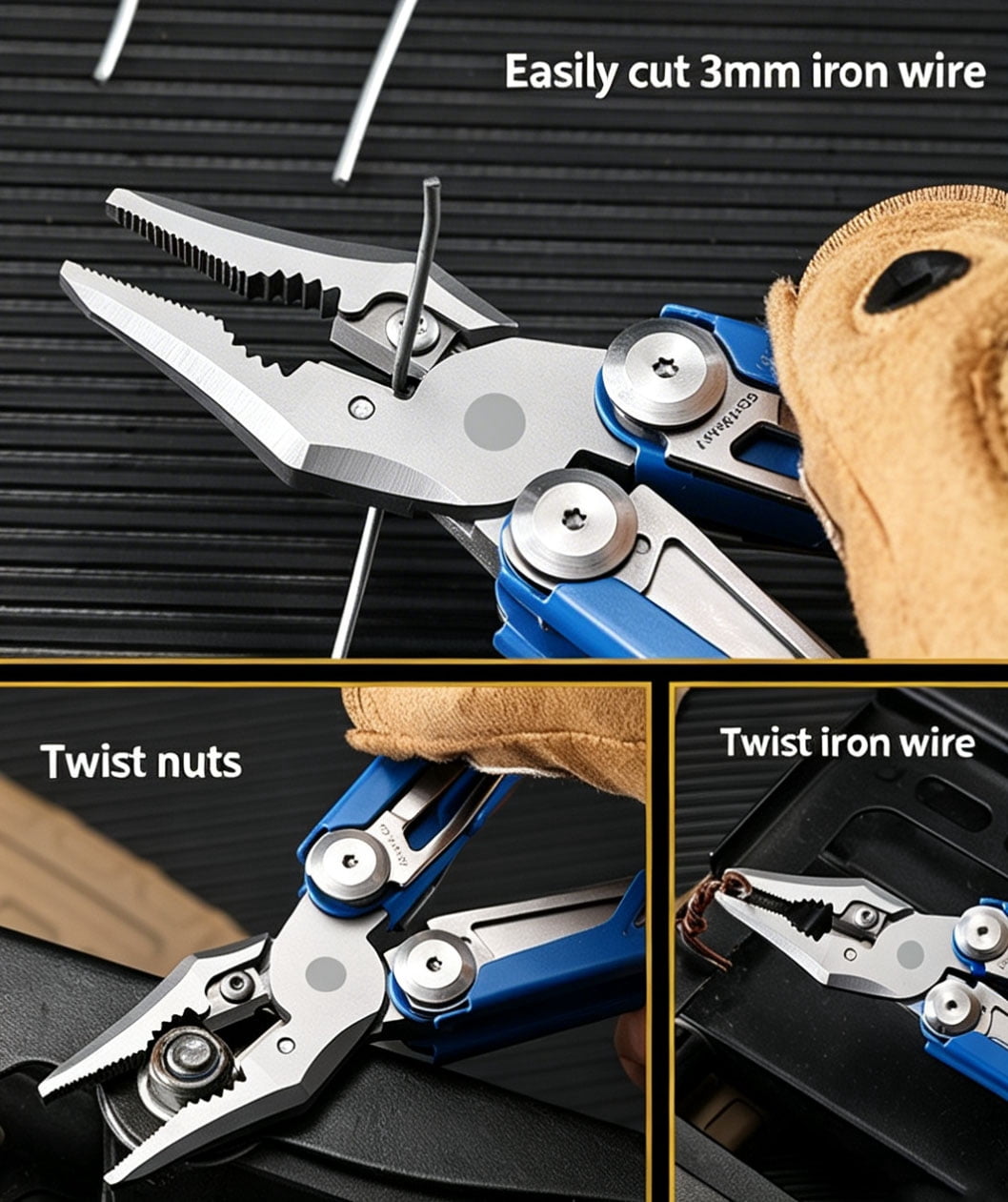 3mm Cuttable Iron Wire Multifunction Tool Pliers 5Cr15MoV Stainless Steel Folding Edc Tool with Rebound Scissors for Emergency Survival