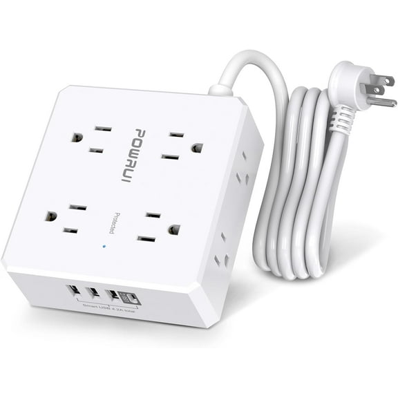 Sur Protector Power Strip - 6 Ft Flat Plug Extension Cord with 8 Widely Outlets and 4 USB Ports(1 C), 3 Side Outlet Extender for Home Office, White, ETL Listed