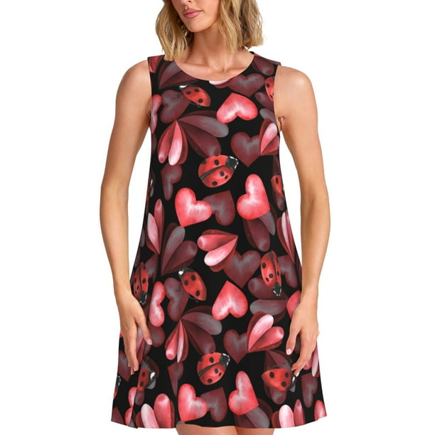 Fotbe Ladybugs and Red Hearts Vestido de Verano sin Mangas para Mujer – Vestido Midi Línea A, Estilo Camiseta Floral, Vestido Playero Casual y Fluido