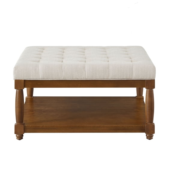 S-HOME Large Square Upholstered Tufted Linen Ottoman, Spacious Coffee Table with Solid Wood Shelf