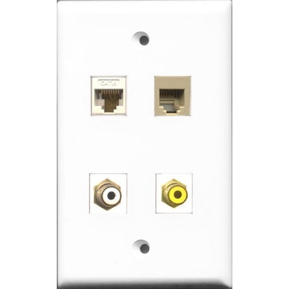 RiteAV 1 Port RCA White and 1 Port RCA Yellow and 1 Port Phone RJ11 RJ12 Beige and 1 Port Cat6 Ethernet White Wall Plate