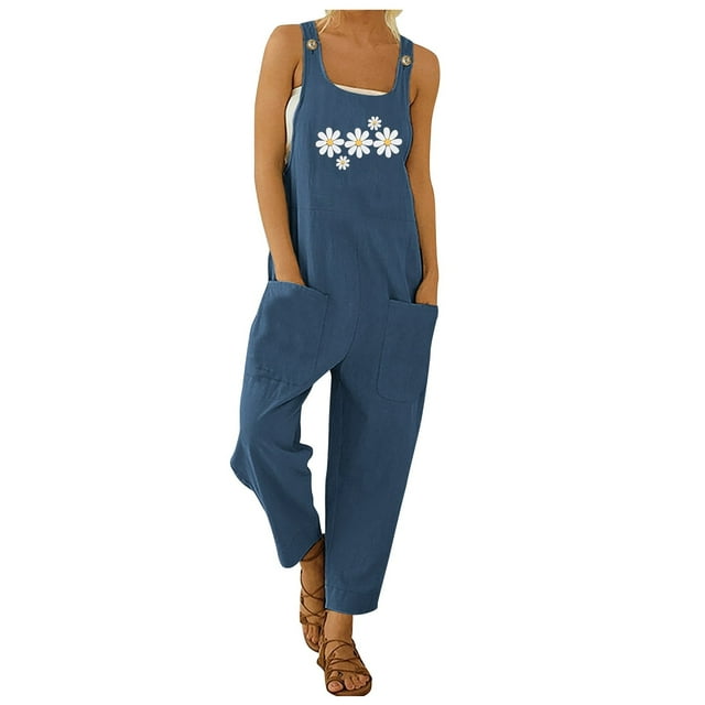 TrendOFT Womens Casual Summer Jumpsuit Fashion Letter Printed Suspender Button Down Bib Loose Womens Rompers One Piece Overalls Navy S