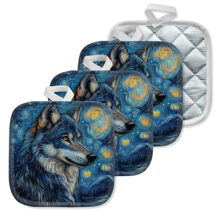 

4Pcs Pot Holder for Kitchen Celestial Wolf In Night Composition Square Heat Resistant Hotpads 8x8in Non Slip Dirt-Proof Kitchen Cook Oven Potholders Machine Washable