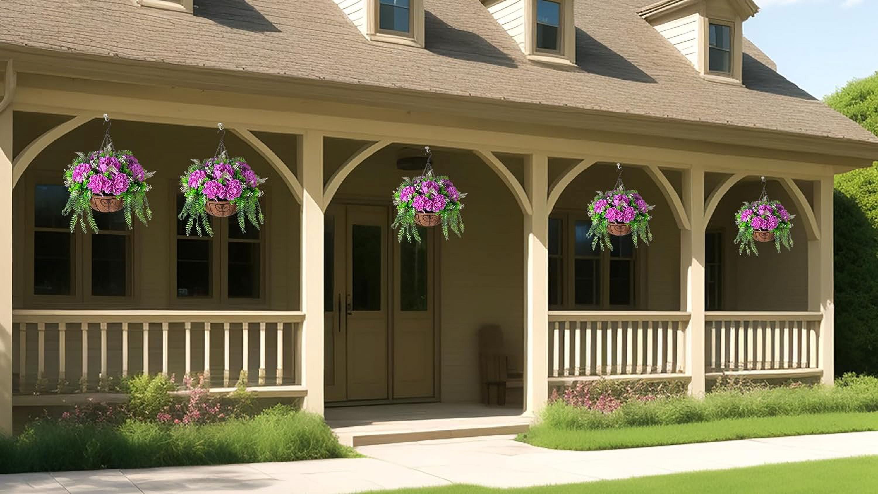 Artificial Flowers in Hanging Basket Planter for Home Spring Decoration, Silk Hydrangea Outdoor Indoor Arrangements, 12" Metal Coconut Lining Basket with Faux Plant(Champagne)