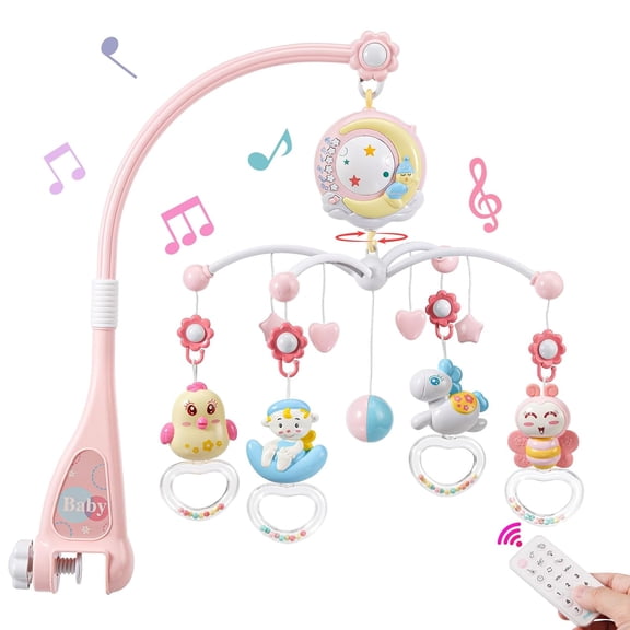 GGSW Baby Musical Crib Mobile for Bassinet with Projector and Night Light,150 Music,Timing Function,Take Along Mobile Musical Box and Rattle,Toy for Newborn Girls Boys