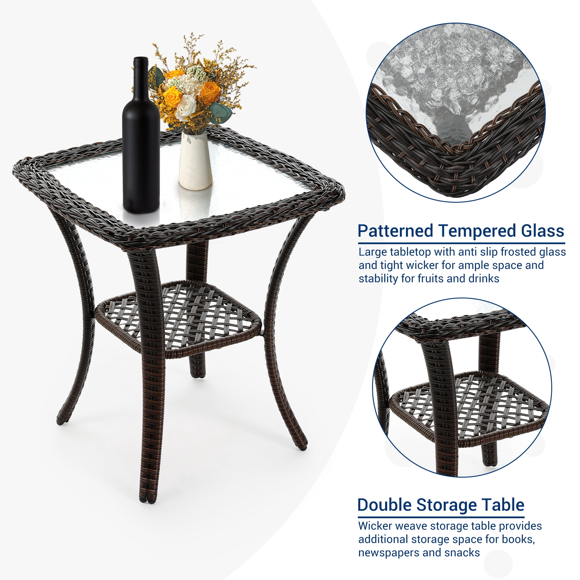 Techmilly 3 Pieces Patio Furniture Set, Outdoor Swivel Gliders Rocker, Glass Top Side Table (Grey)