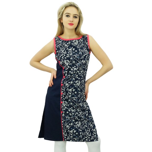 Bimba Floral Navy Blue Cotton Kurta Tunic Indian Kurti Designer Sleeveless Blouse