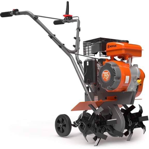 NOVUS 2 in 1 Gas Tiller Cultivator with 79cc 4-Cycle Engine, 9"-17" Tool-Free Tilling Width Adjustment, 24 Steel Tines, Never-Flat Wheels,Front Tine Gardon Tiller for Lawn, Field Soil Cultivation