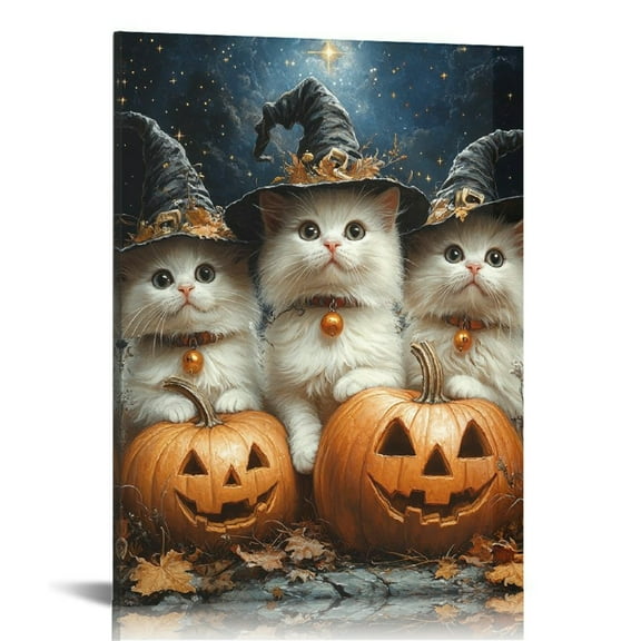Vintage Halloween magic Cat and Pumpkin Canvas Wall Art Painting,Gothic Print Pictures for Home Wall Decor Horror Creepy Dark Posters for Living Room Home Halloween Party Decor Framed