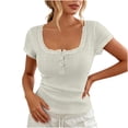 thumbnail image 2 of ClodeEU Women's Square Neck Henley Button Short Sleeve T-Shirt,Slim Fit Solid Color Casual Summer Top White,Women's Plus L, 2 of 6