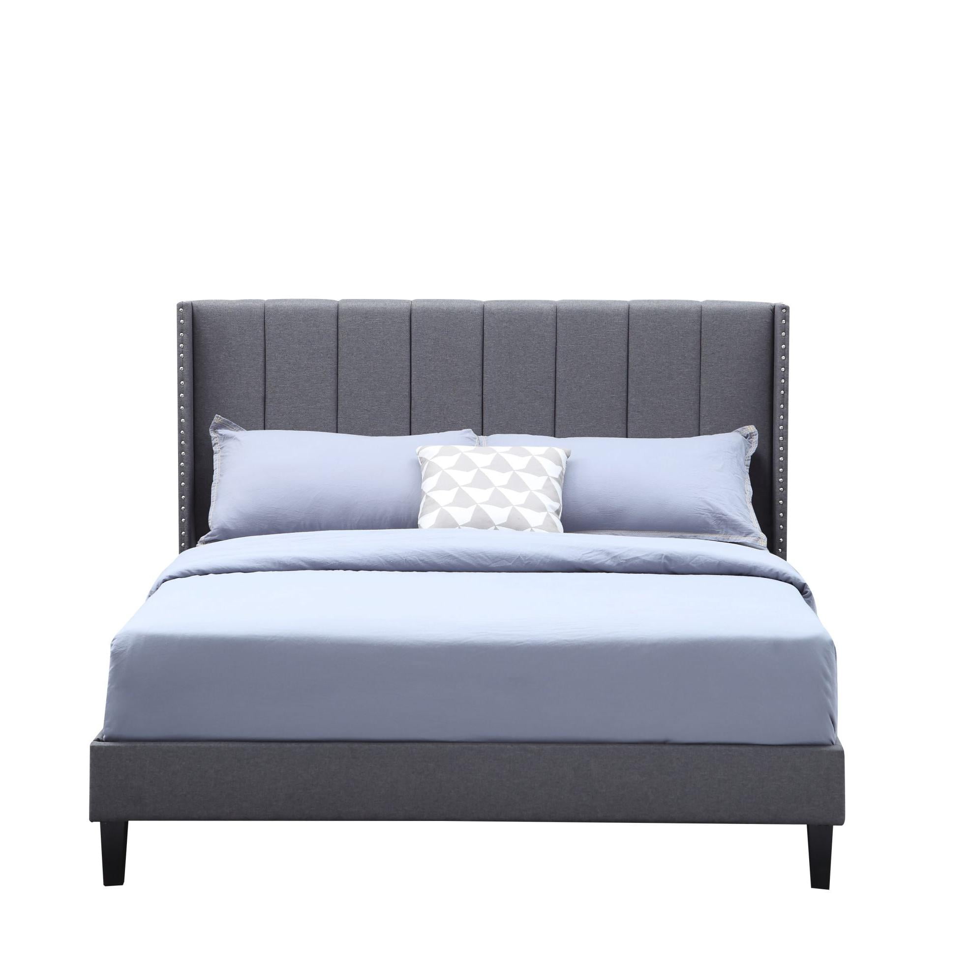 Private Jungle Bed Frame Set, Classics Cloth Headboard with Wings & Platform & Slats Queen, Fabric/Grey Private Jungle Bed Frame Set, Classics Cloth Headboard with Wings & Platform & Slats Queen, Fabric/Grey