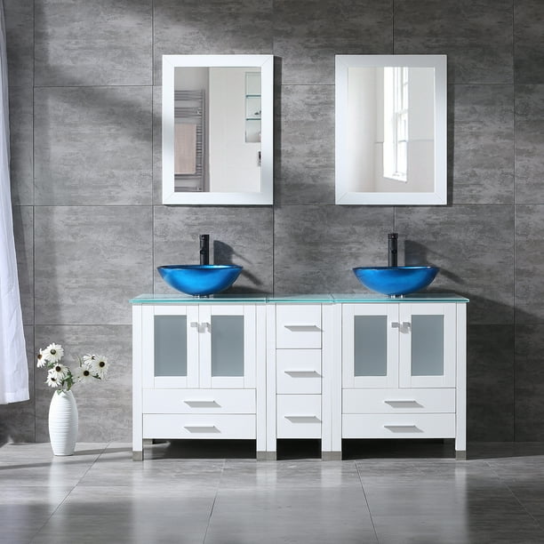 60" Modern White Double Vessel Sink Vanity Tempered