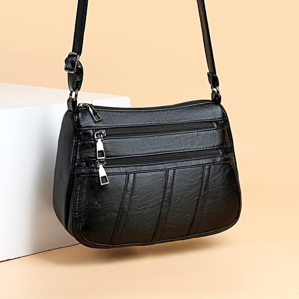 Women PU Shoulder Bag Multi-pocket Mother Solid Crossbody Handbag (Black)