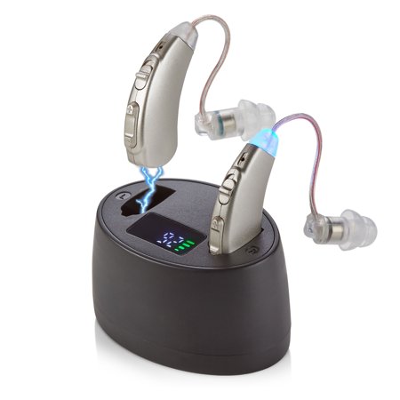 Premium Bluetooth Rechargeable Hearing Aids for Seniors - Behind-the-Ear Hearing Amplifier PSAP w/Noise Cancellation & Wireless Streaming, Personal Sound Amplification Device Pair, LCD Charging Dock