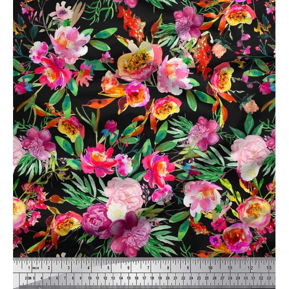 Soimoi Black Cotton Duck Fabric Leaves & Pink Floral Watercolor Decor Fabric Printed BTY 42 Inch Wide