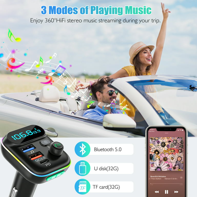 LENCENT FM Transmitter In-Car Adapter, Wireless Bluetooth 5.0 Radio Car Kit,Type-C PD + Qc3.0 Fast USB Charger, Hands Free Calling, MP3 Player