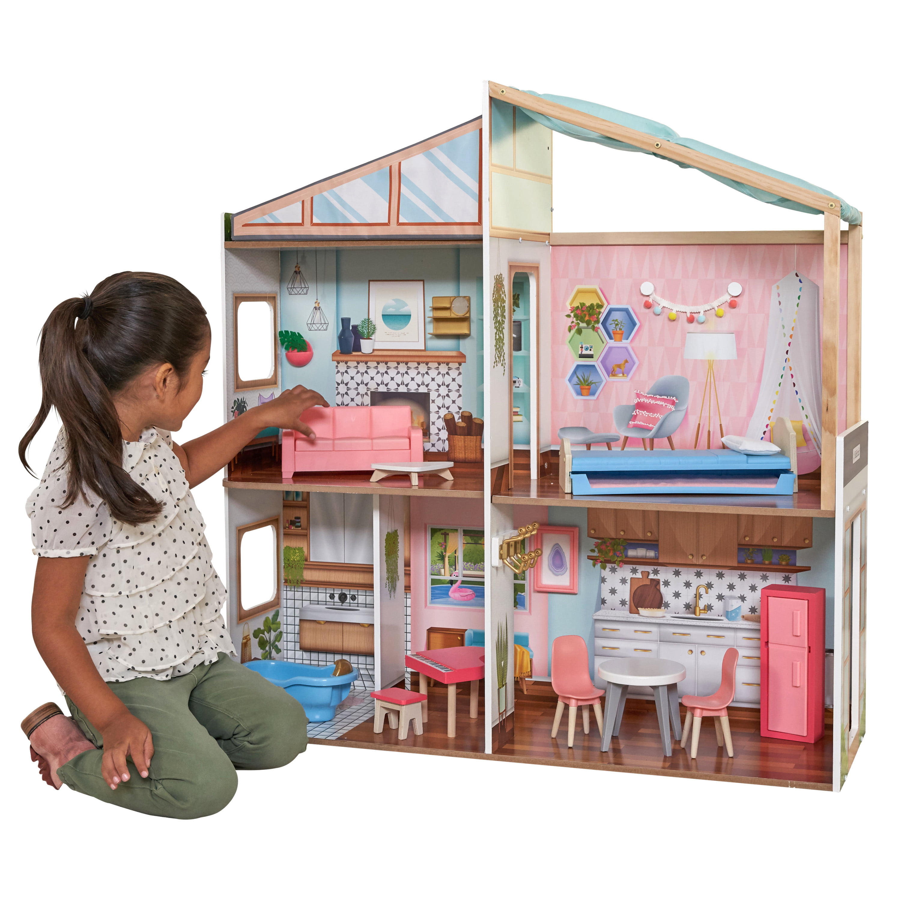 ROBUD Wooden Dollhouse for Girls with 15pcs Furniture 3.6ft Tall 3 
