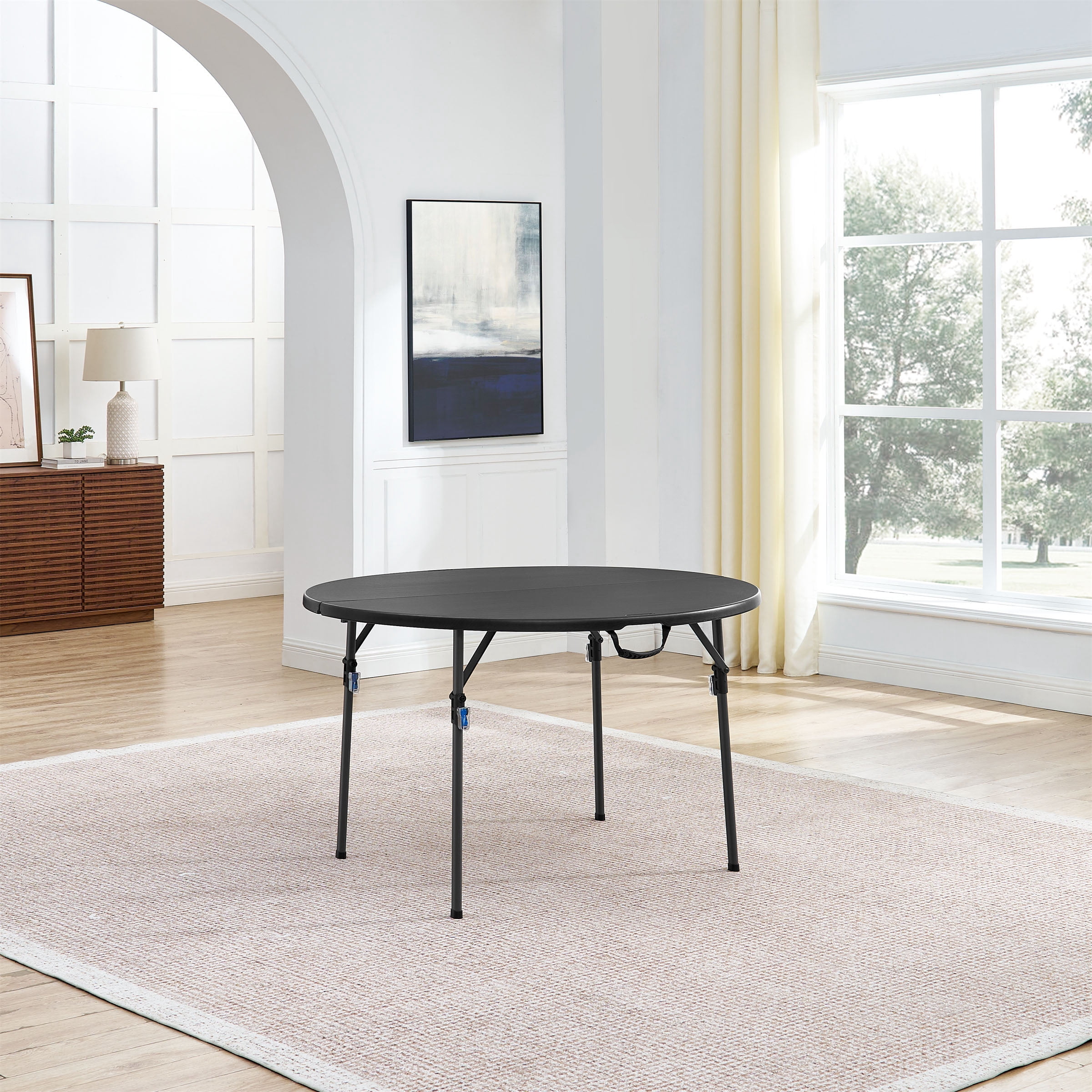 Mainstays 4 Foot Fold-in-Half Round Plastic Table, Indoor Outdoor, Black