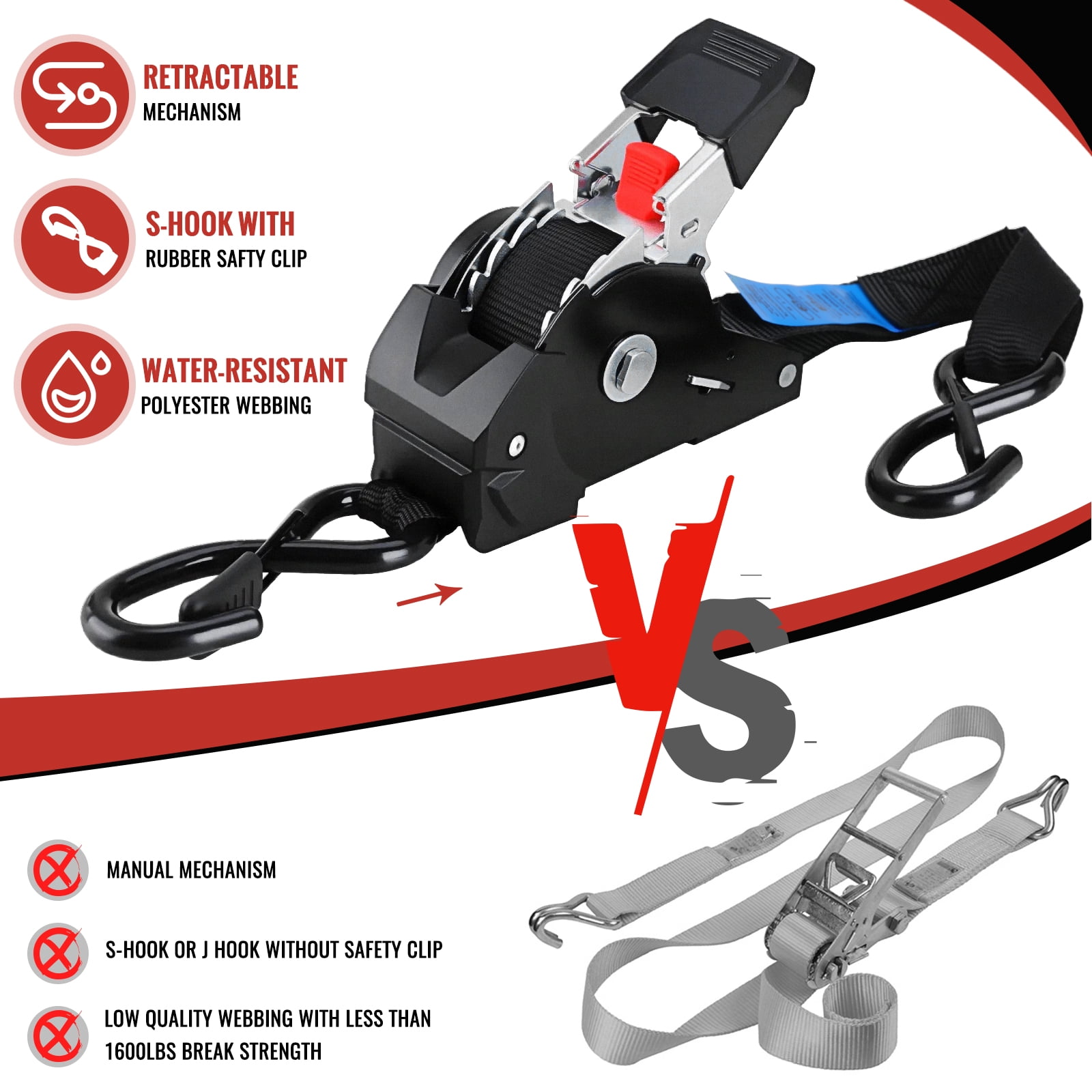 TLGREEN Retractable Ratchet Straps, 4Pack,1” x 10’ 1650lb Break Strength Heavy Duty Auto Self Retracting Tie Down Straps for Truck, Cargo, Motorcycle, ATV, UTV,Boat